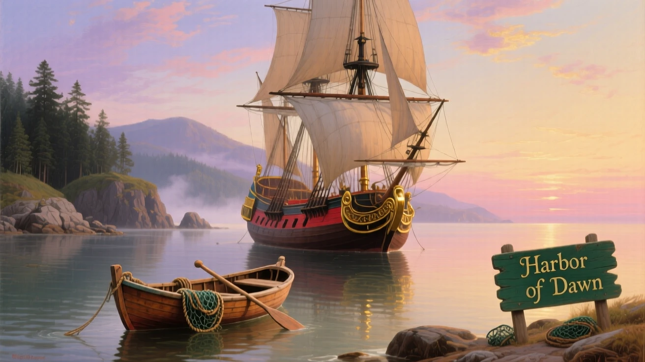 A small fishing boat bobs beside a grand anchored galleon.