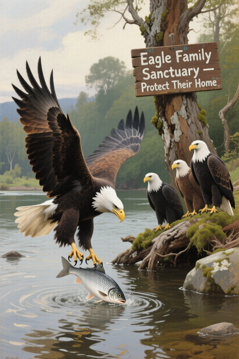A bald eagle diving toward a river to snatch a fish from the water, as the rest of its family group remains close by, designed to feel both intimate and awe-inspiring