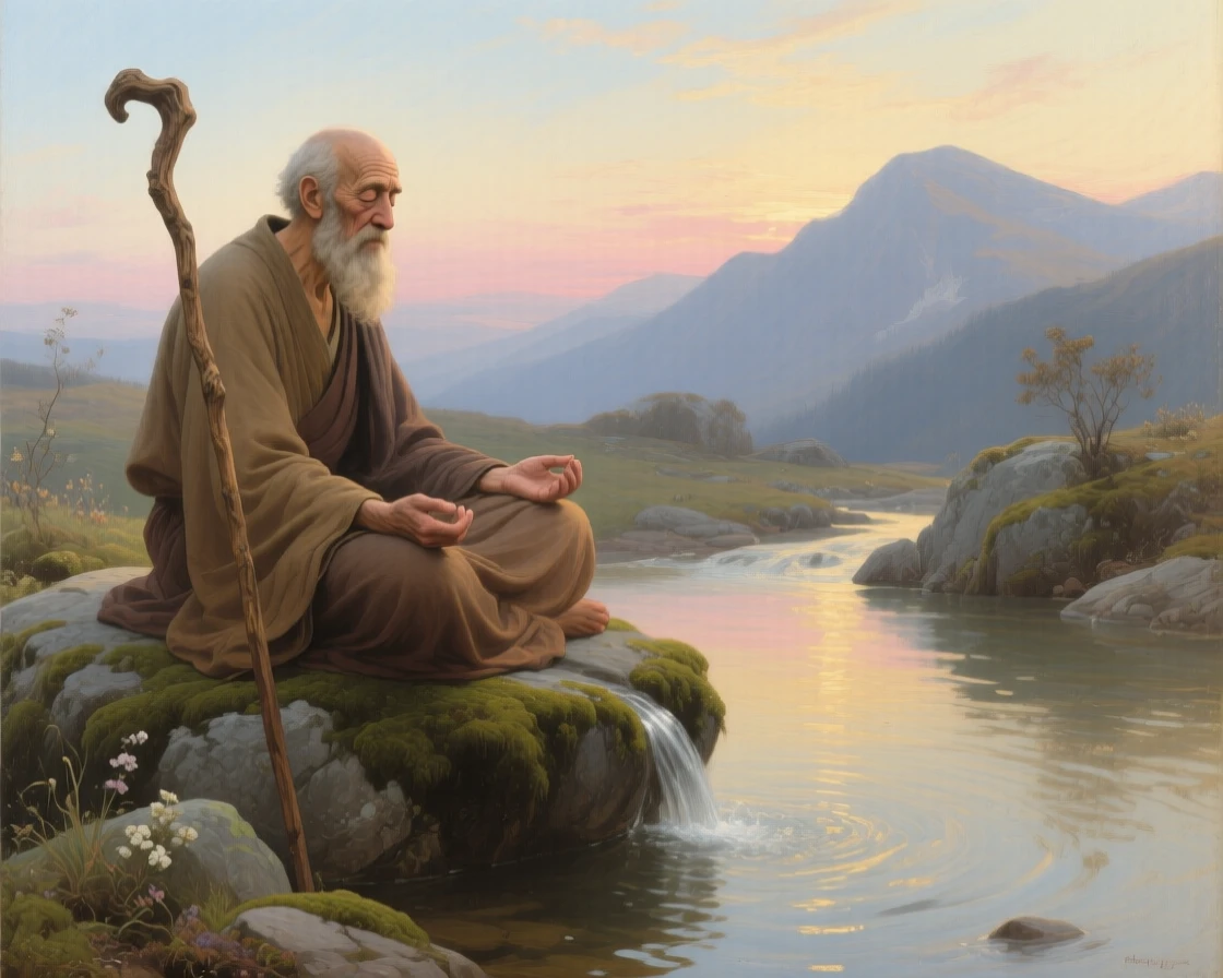 An elderly sage meditating beside a tranquil mountain spring as ancient wisdom passes gently to the next generation, set beside a sacred spring reflecting the morning sky, with modest robes, a well-worn staff, and a face lined with quiet devotion; quiet, uncluttered space allows the emotional core room to breathe, radiating compassion, faith, and gentle hope.