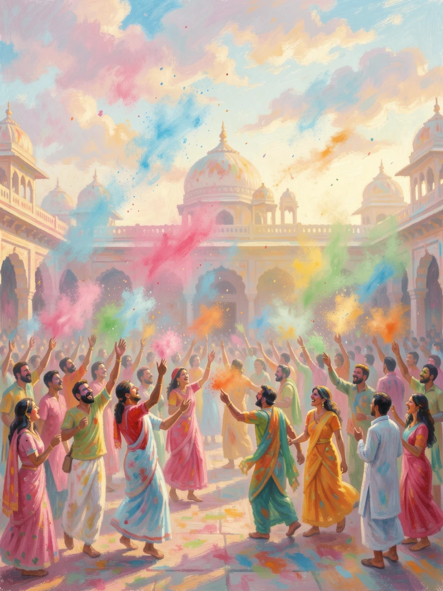 A colorful Holi festival celebration in India, clouds of vibrant powder filling the air above joyful crowds.