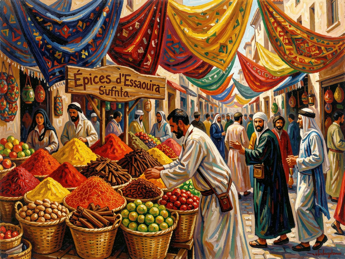 A bustling Moroccan market street filled with spice stalls, woven baskets, and draped fabrics.