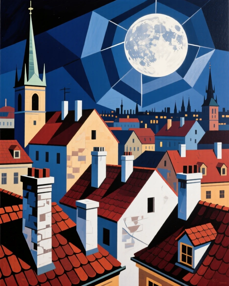 A breathtaking view of the rooftops of Prague, glowing softly under a full moon.