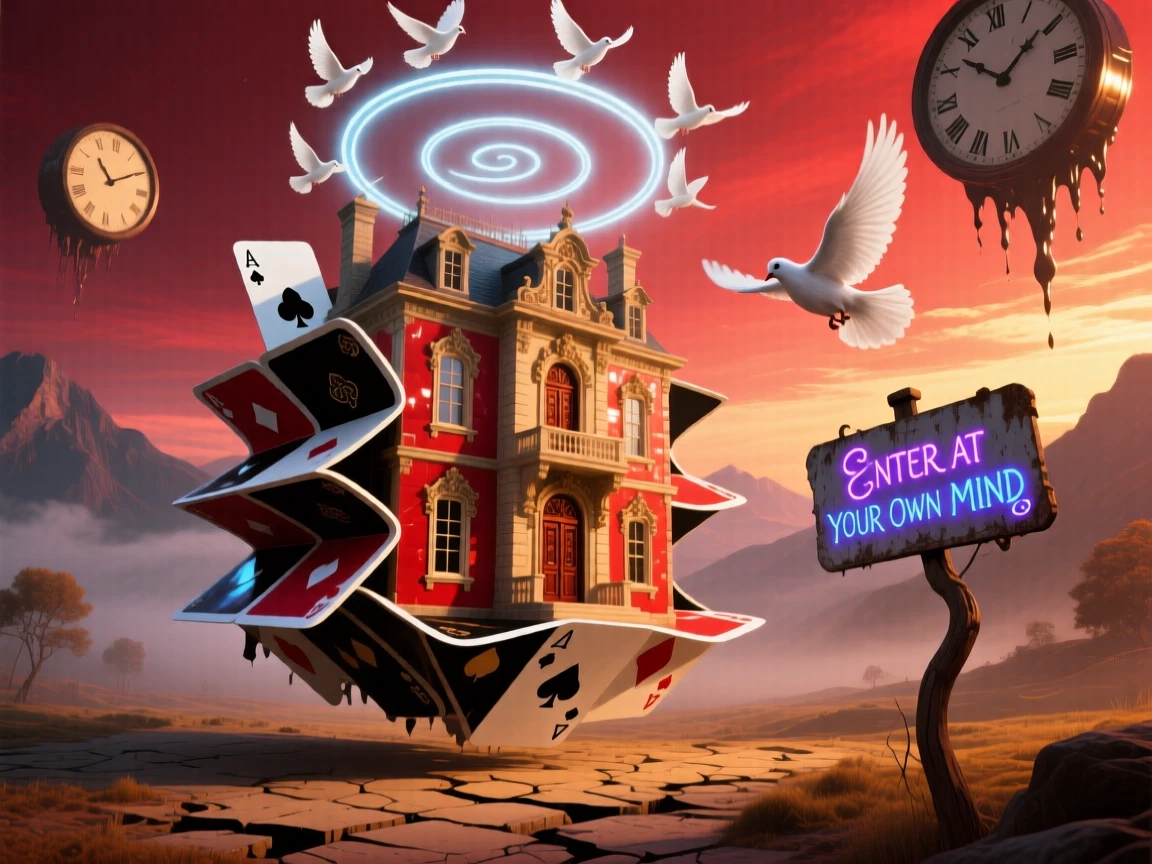 A mansion whose rooms are stacked like playing cards casts no shadow despite the low afternoon sun, and a spiral of doves circles above it.