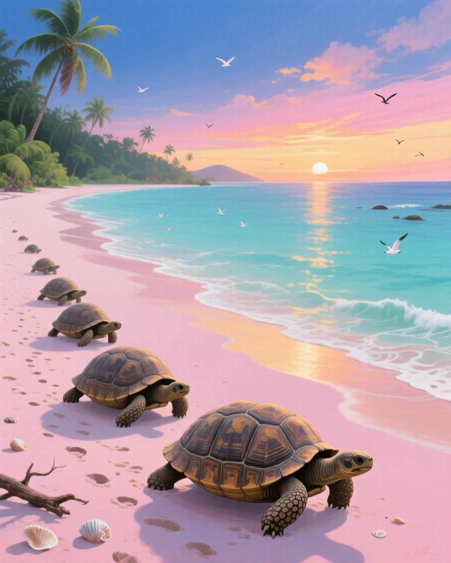 A serene beach at dawn in the Seychelles shows giant tortoises slowly making their way across pink sand as the sun rises over calm water, the composition balancing a wide sweeping view with intimate, carefully observed foreground detail.