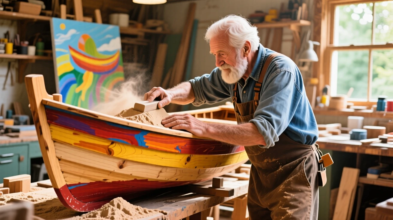 A veteran carpenter carefully sanding a handmade wooden boat in a sunlit workshop