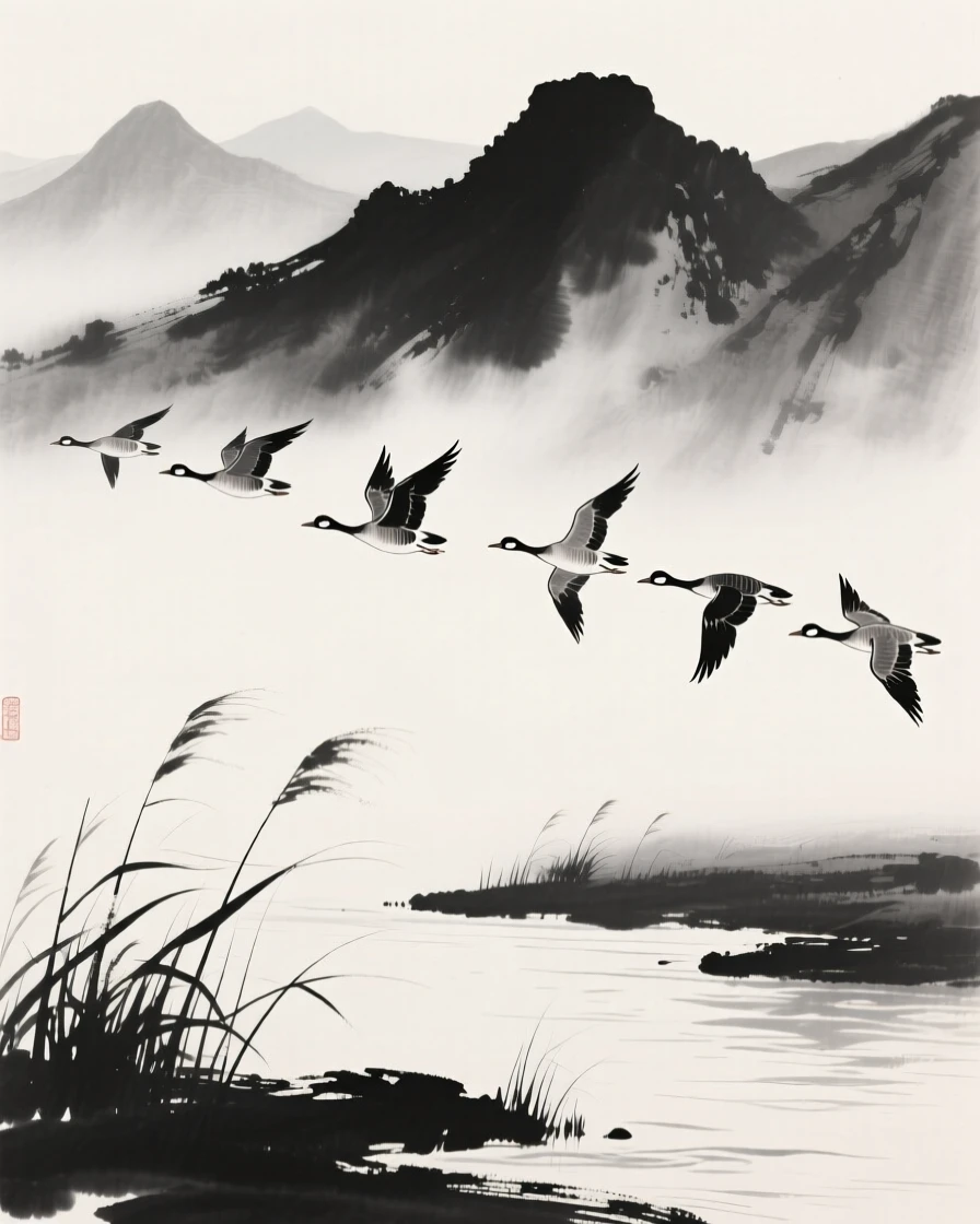 Migrating geese pass above a range of distant misty peaks, as reeds rustle along the riverbank below.