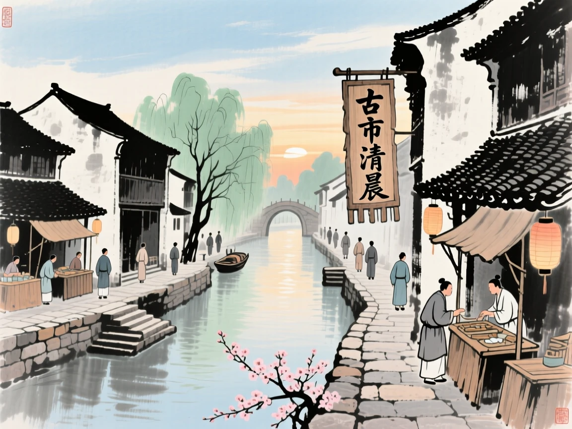 An ancient market town bustling quietly along a canal at dawn, at dusk, in a warm breeze carrying the scent of blossoms, evoking a sense of quiet solitude.