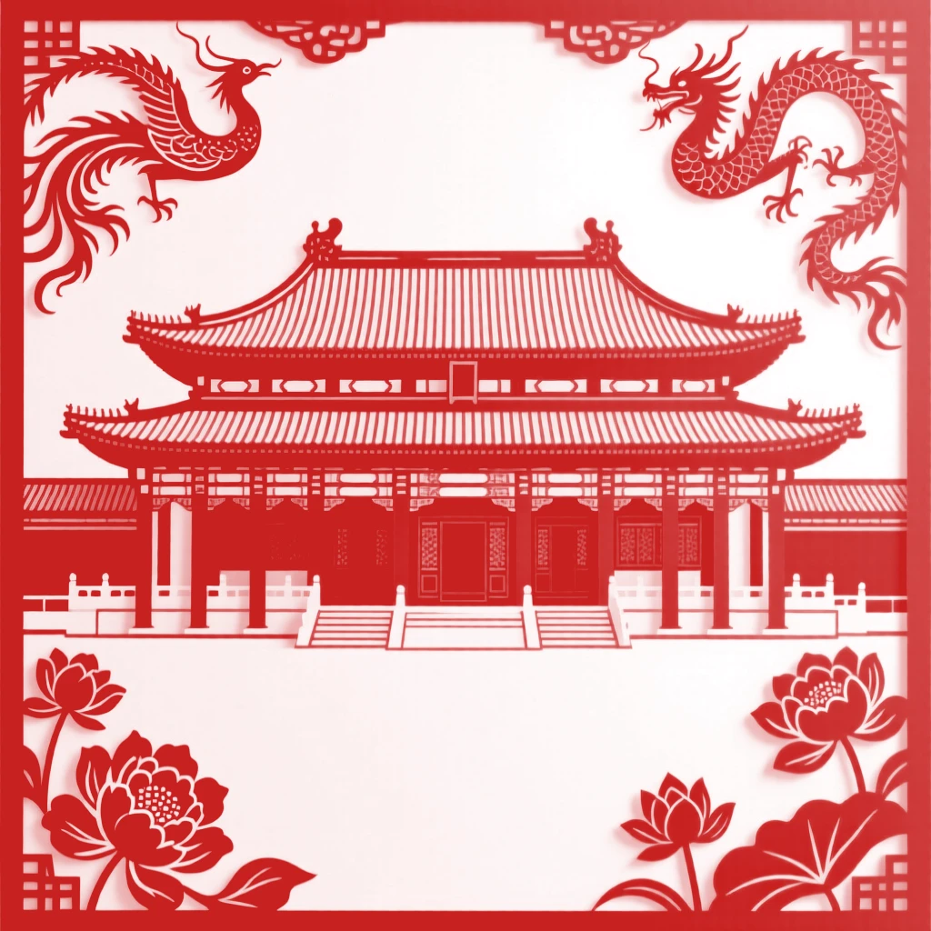 A grand palace hall with sweeping upturned eaves and rows of red pillars beneath a clear sky