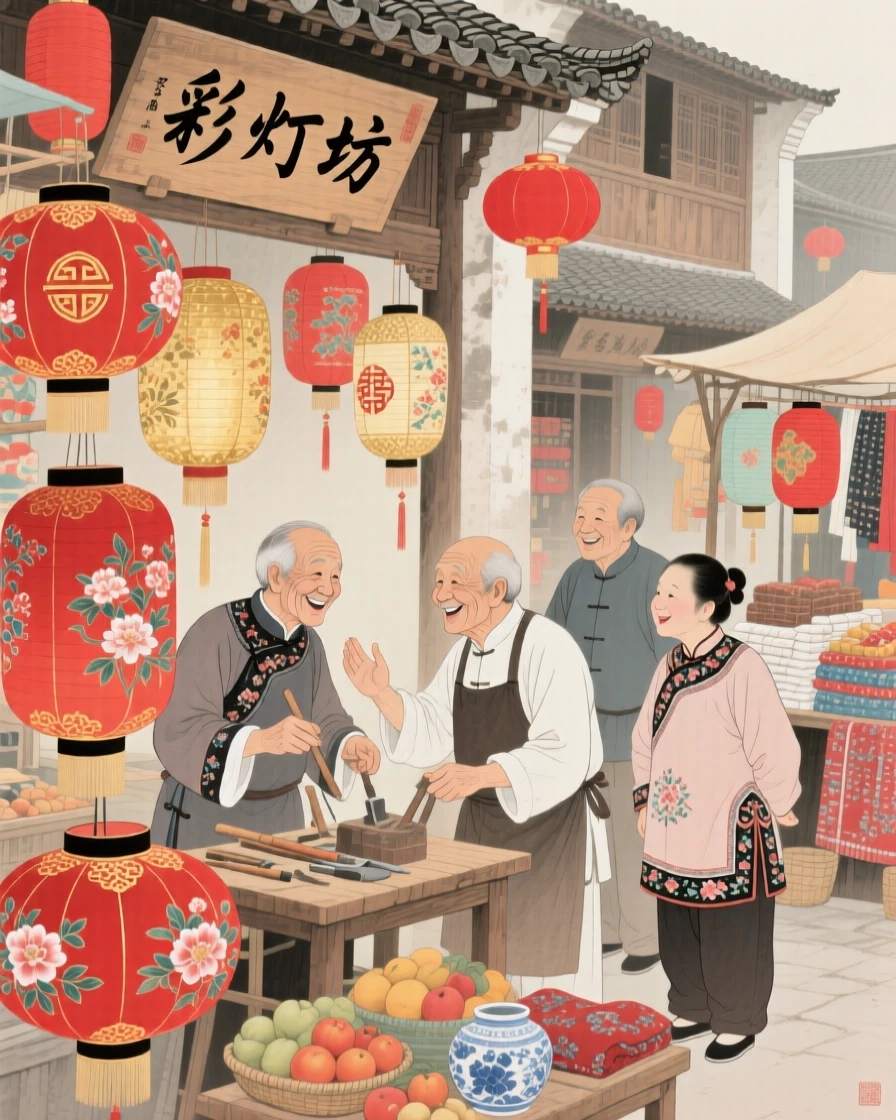 A lantern maker greeting old friends after years apart in a marketplace bustling with color and life