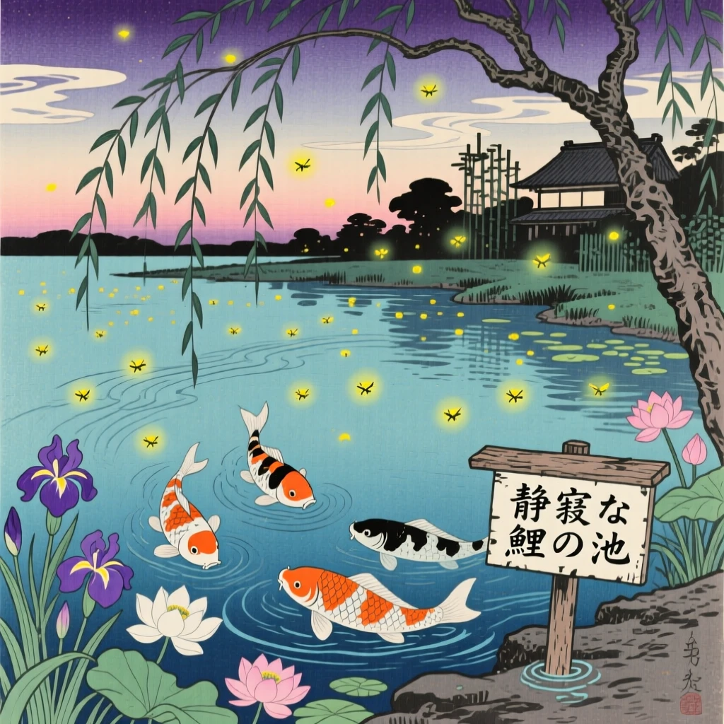 A quiet koi pond, glowing softly with fireflies at dusk.