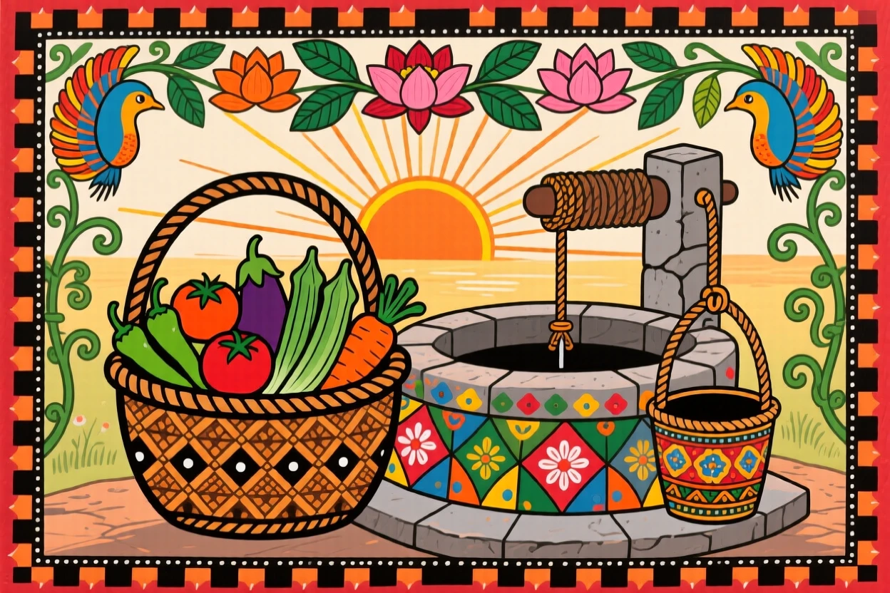 A basket of fresh vegetables set beside a well in early morning light.