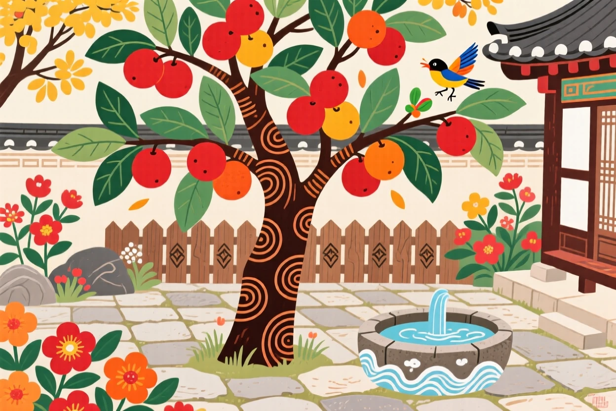 A jujube tree in late summer in a traditional garden courtyard.