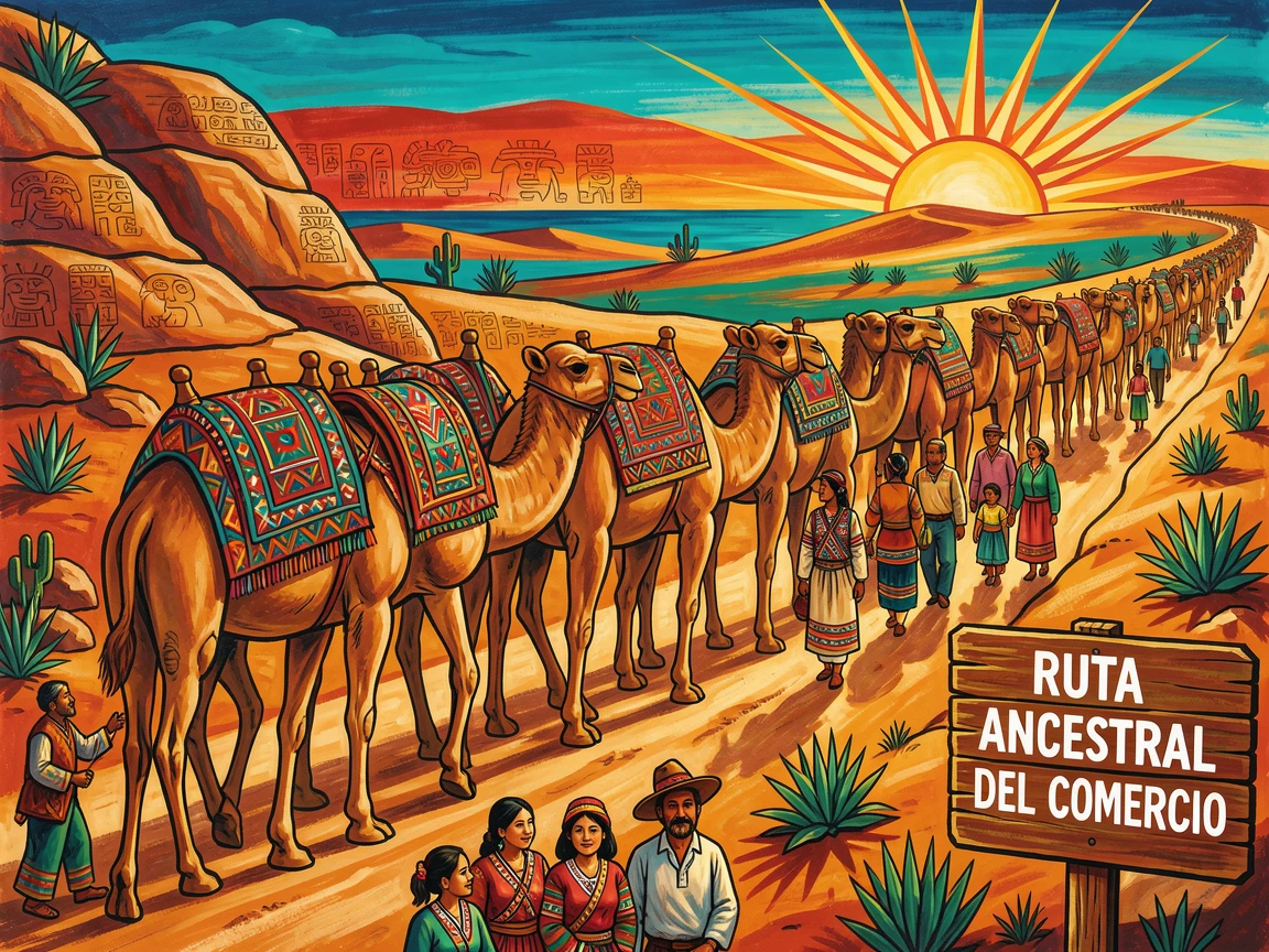 A caravan of camels crossing an ancient trade route through the desert