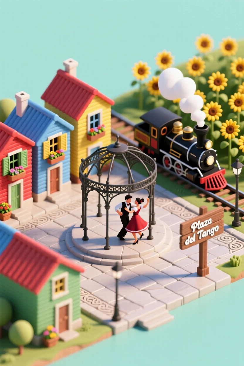 A miniature Argentinian village with a tango plaza, colorful corrugated houses, and a steam train chugging past sunflower fields.