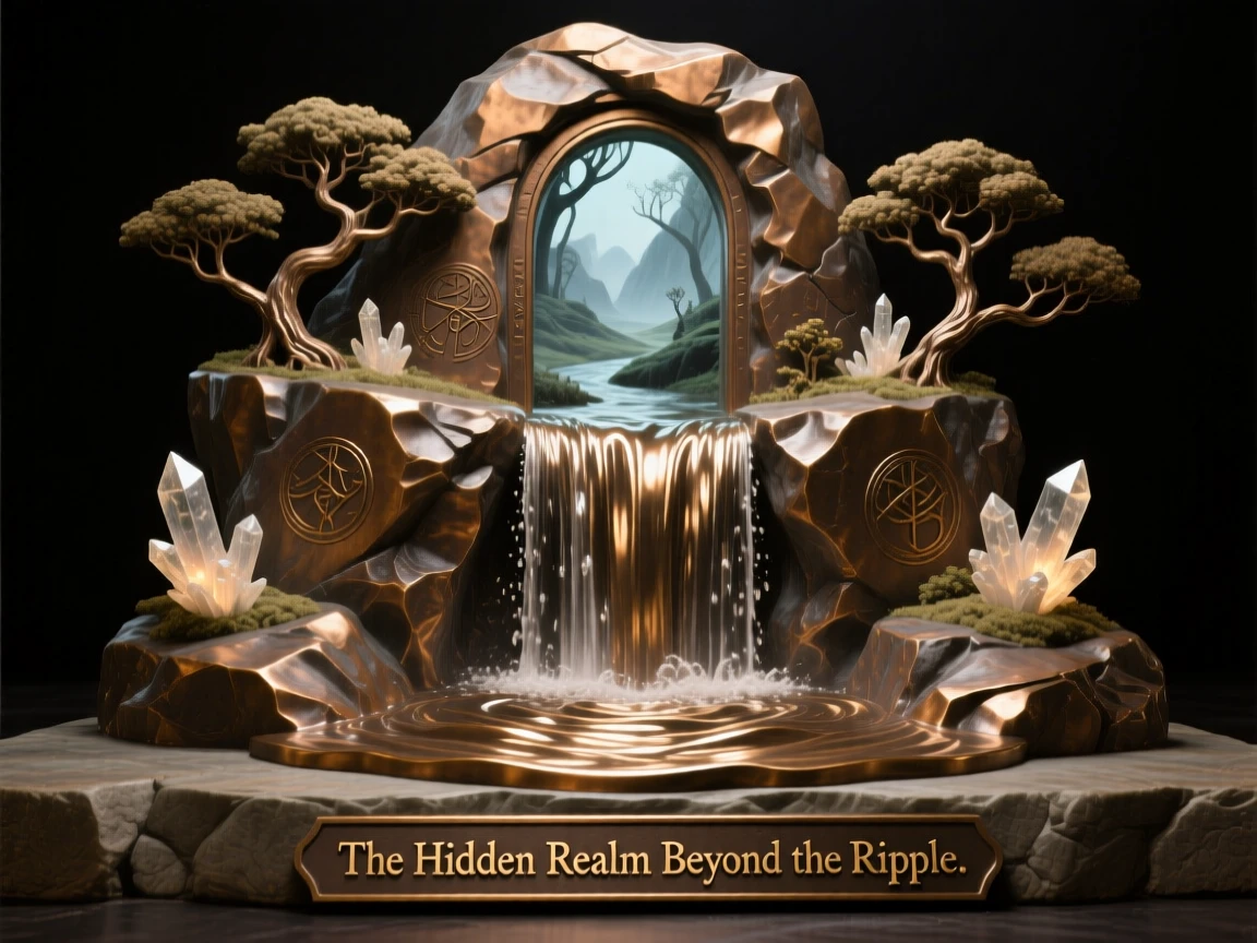 A hidden realm accessed through a rippling waterfall, rendered with dreamlike, atmospheric wonder, transporting the viewer to another world