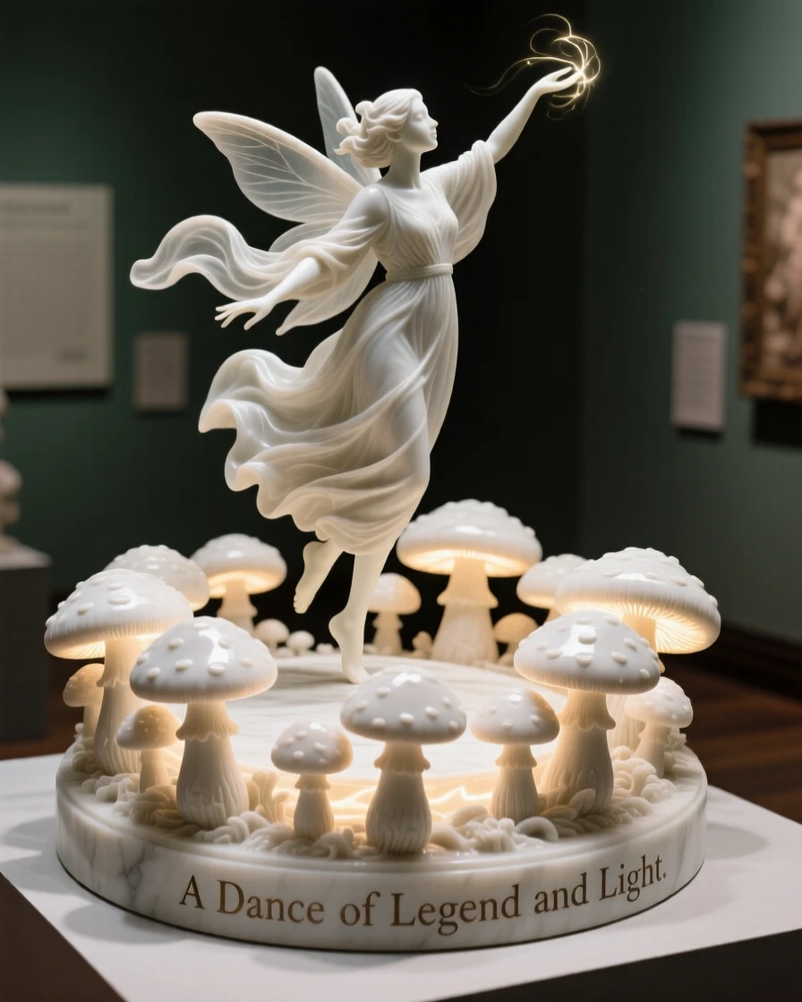 A fairy dancing on a glowing mushroom ring, cloaked in flowing fabric that ripples in the wind, radiating power and legend