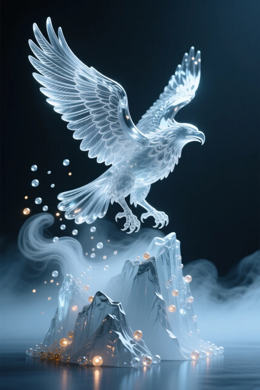 A griffin soaring above misty cliffs surrounded by softly glowing particles and gentle mist, wide cinematic composition, radiating magic and serenity.