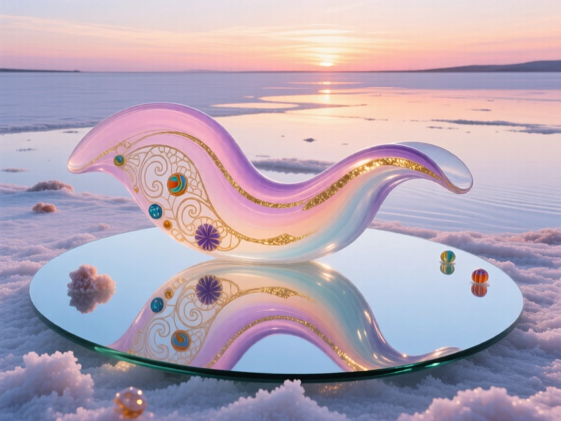 A vast salt flat reflecting a pastel sunset like a perfect mirror, surreal and vast.