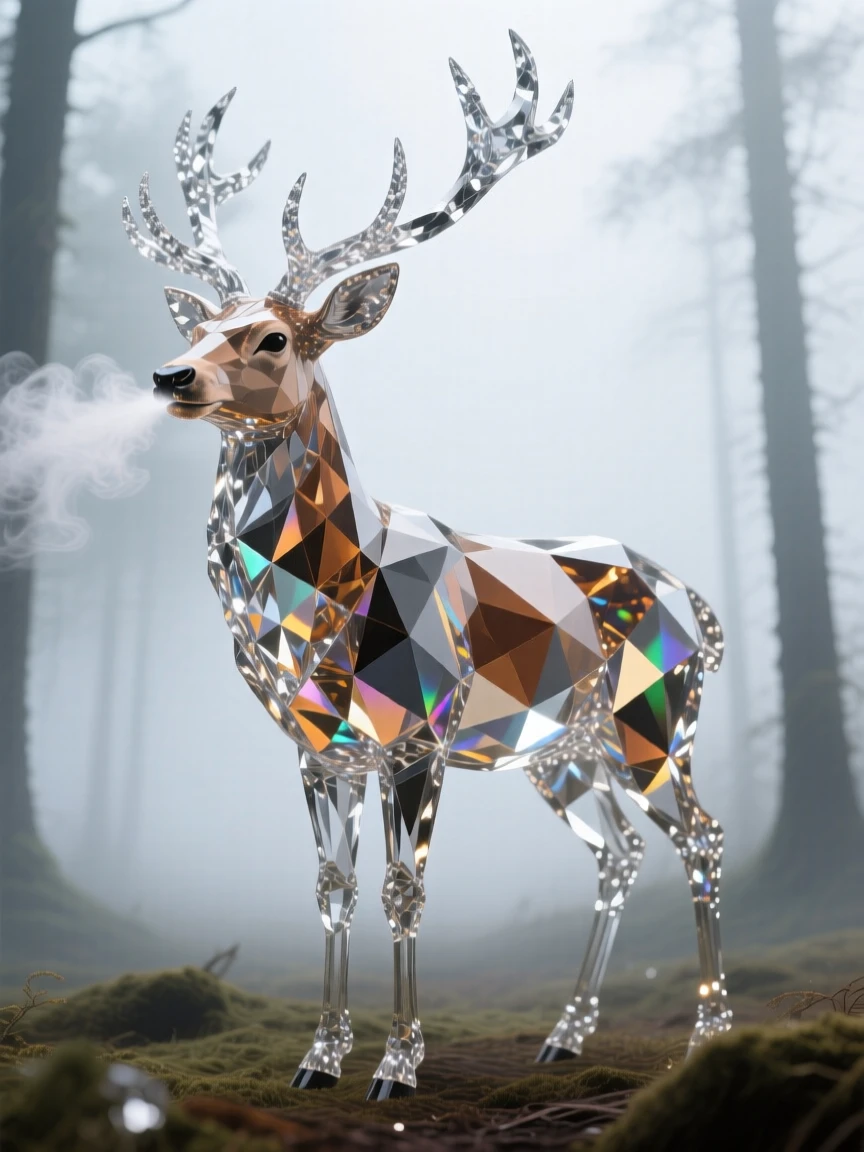 A majestic stag standing in a misty forest clearing, breath visible in cold air.