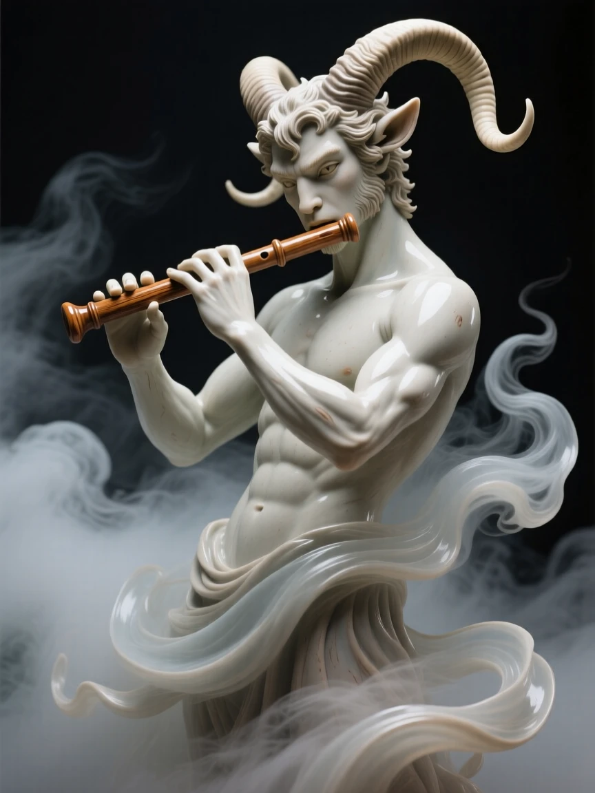 A horned faun playing a wooden flute emerging dramatically from a swirl of mist, wrapped in wisps of enchanted mist, capturing the enchantment of forgotten legend.