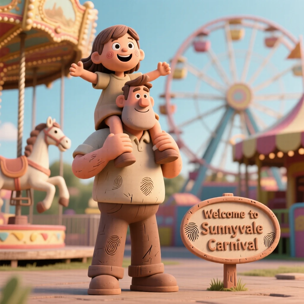 A father lifting his daughter onto his shoulders at a carnival