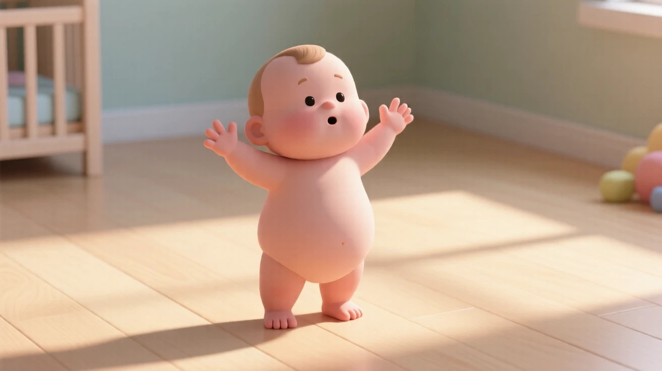 A toddler reaches both arms up for a hug, wobbling slightly on chubby bare feet across a sunlit nursery floor.
