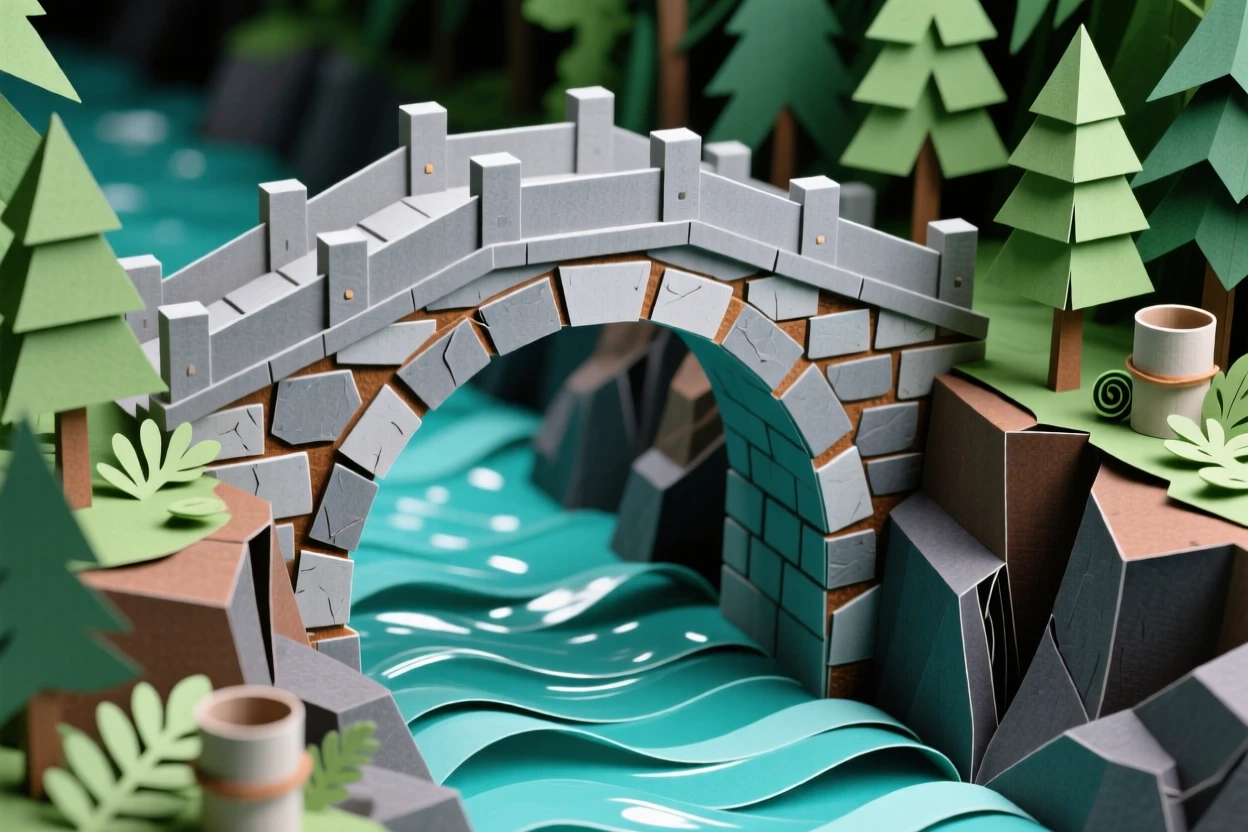 An ancient stone bridge arching over a turquoise river gorge, surrounded by dense green forest, capturing timeless natural beauty.