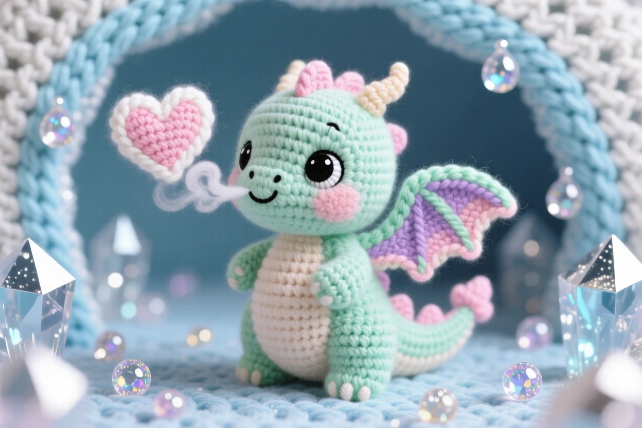 A charming portrait of a small baby dragon with candy-colored scales, in soft pastel hues, blowing a small heart-shaped puff of smoke beside a scattering of shimmering dewdrops in a crystal cave sparkling with soft light, conveying a cozy, storybook enchantment.