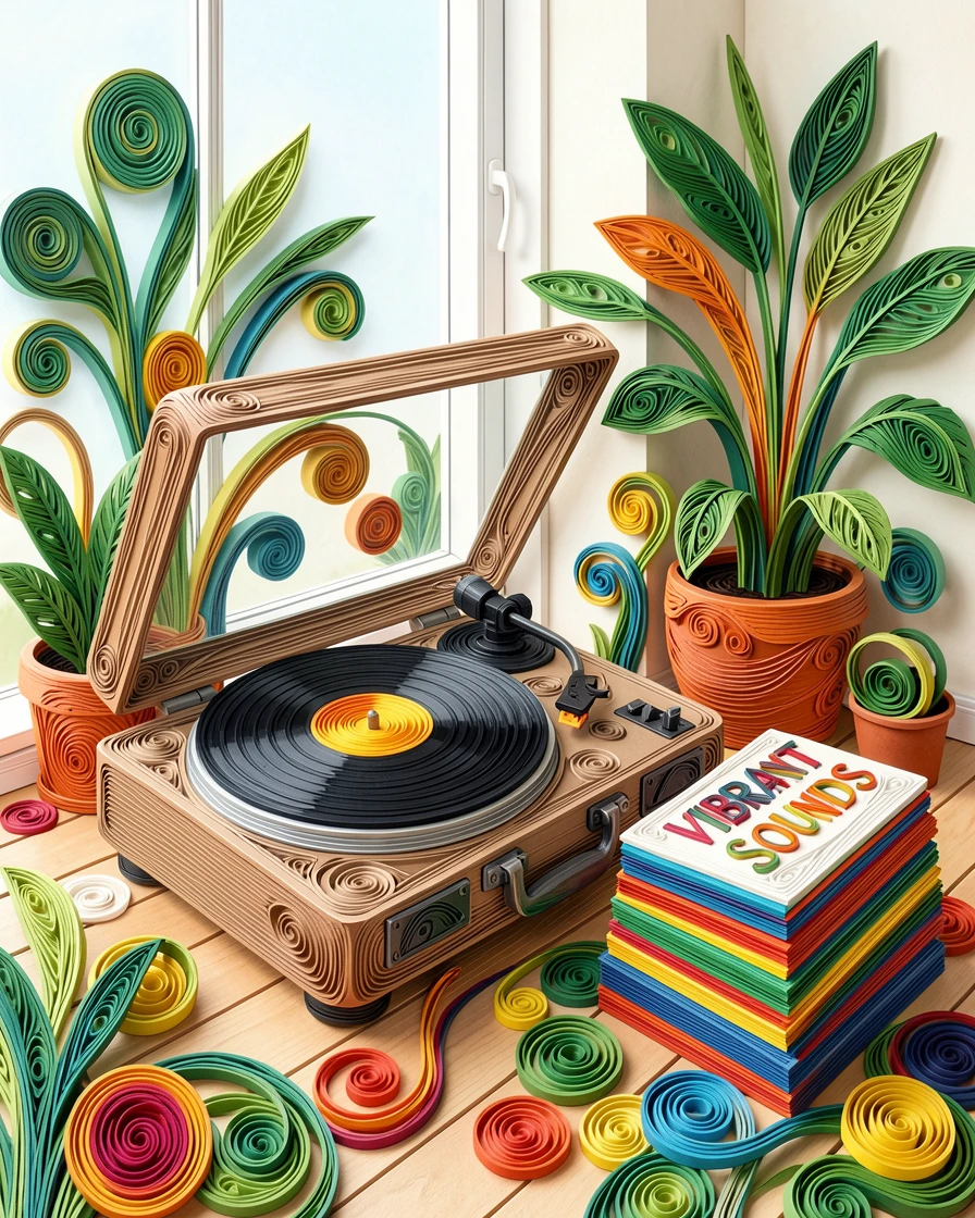 A relaxed modern lifestyle scene of a stack of vinyl records beside a retro turntable in a bright, plant-filled apartment, with lively pops of color scattered throughout the scene, framed with a vibrant, energetic sense of movement.