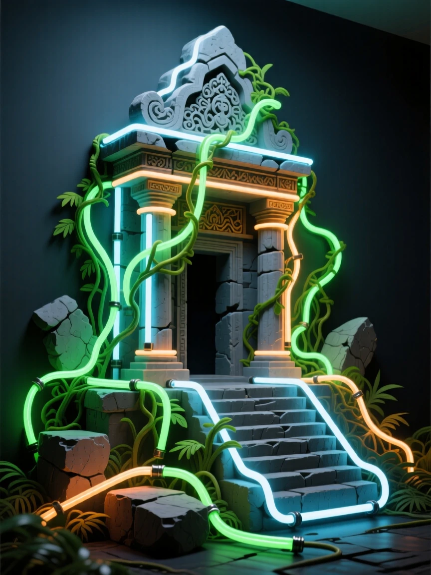 An ancient stone temple half-swallowed by jungle vines.