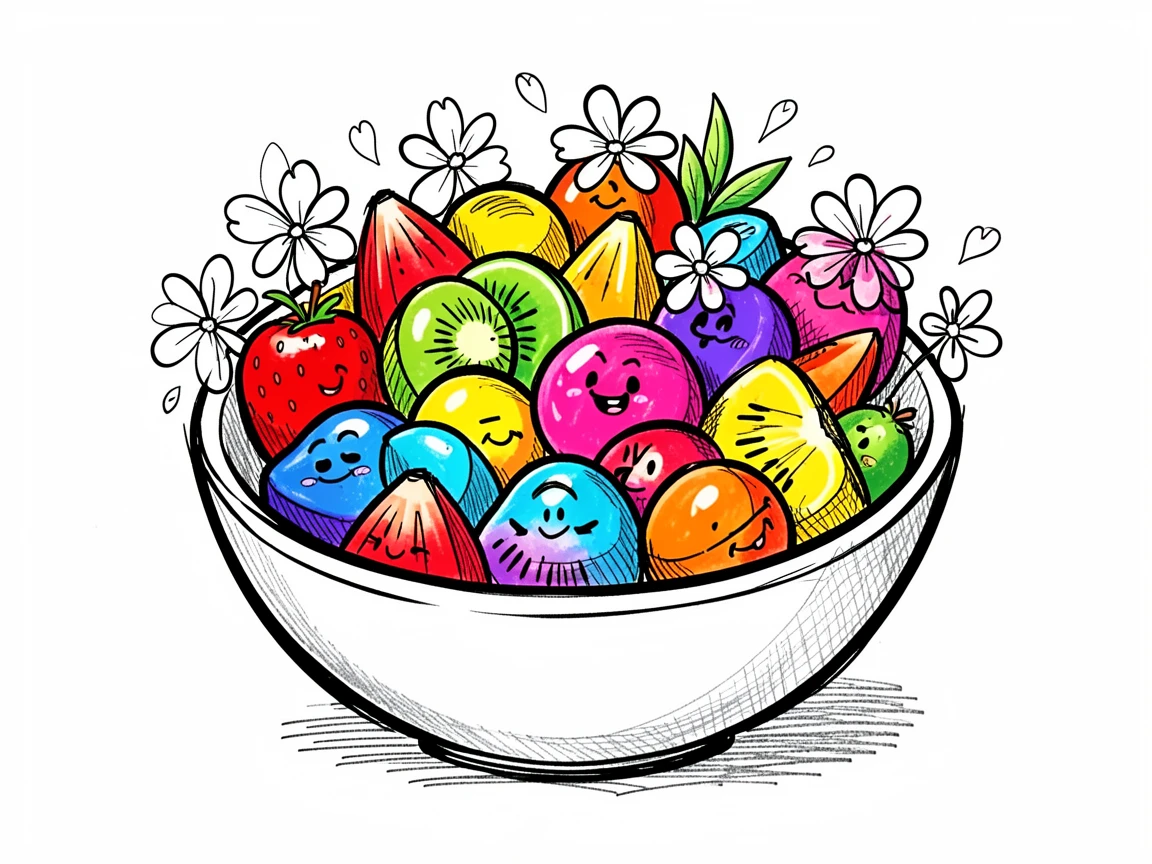 A bowl of rainbow fruit salad decorated with edible flowers.