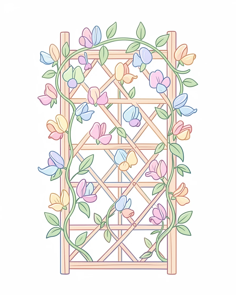 A trellis of climbing sweet peas in soft pastel colors.
