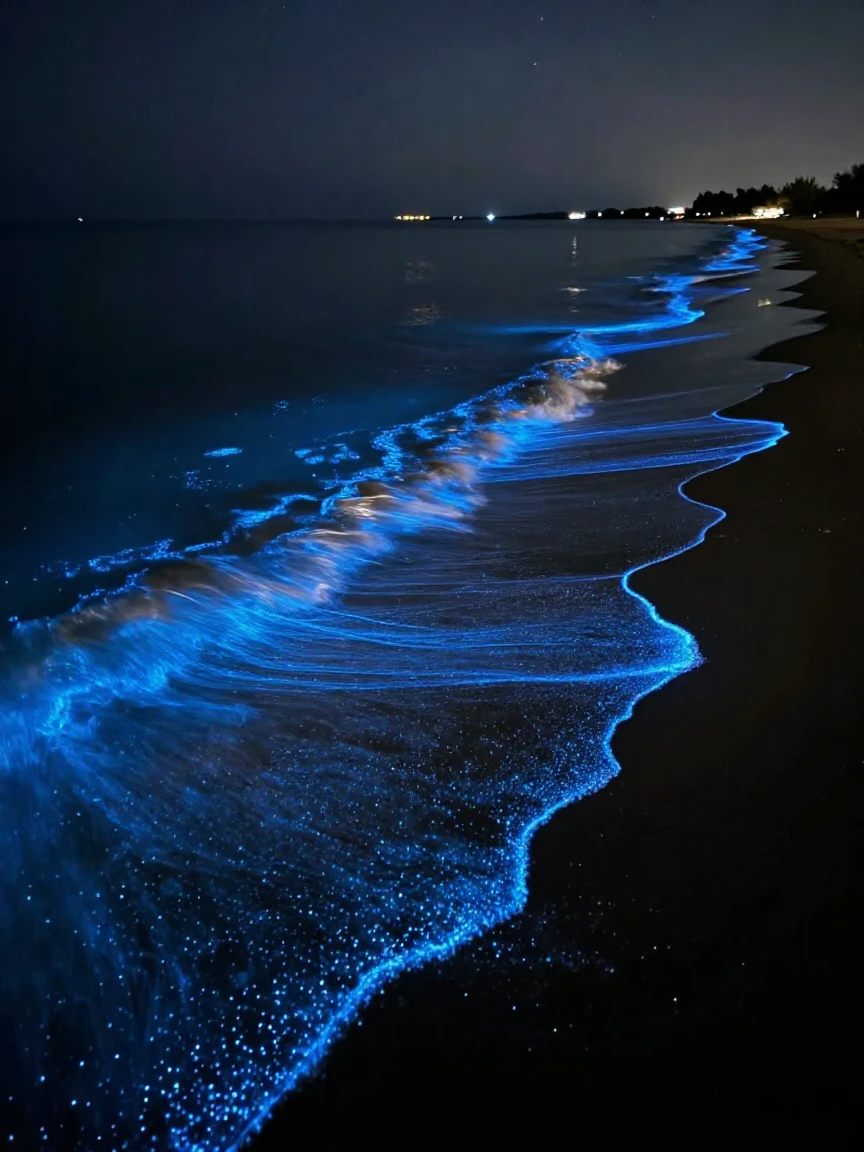 Bioluminescent waves glowing blue along a midnight shoreline
