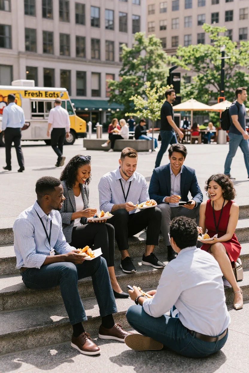 A group of office workers eats lunch on the steps of a busy plaza at midday.