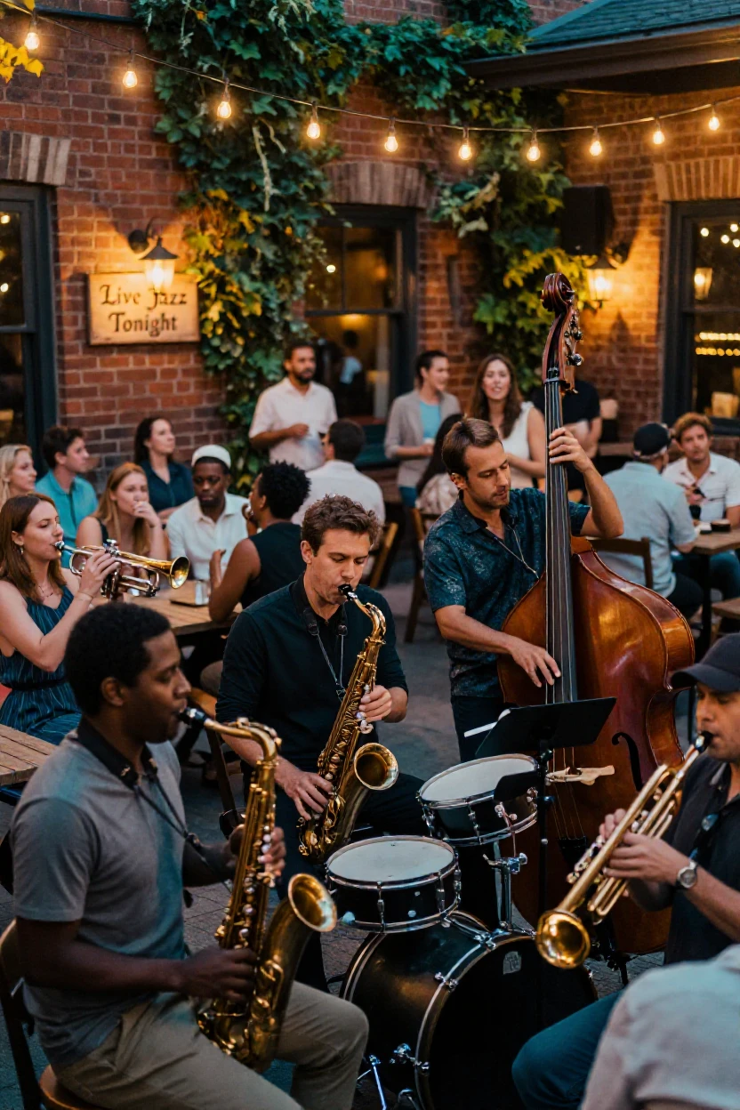 A jazz band playing beneath string lights in a crowded outdoor courtyard
