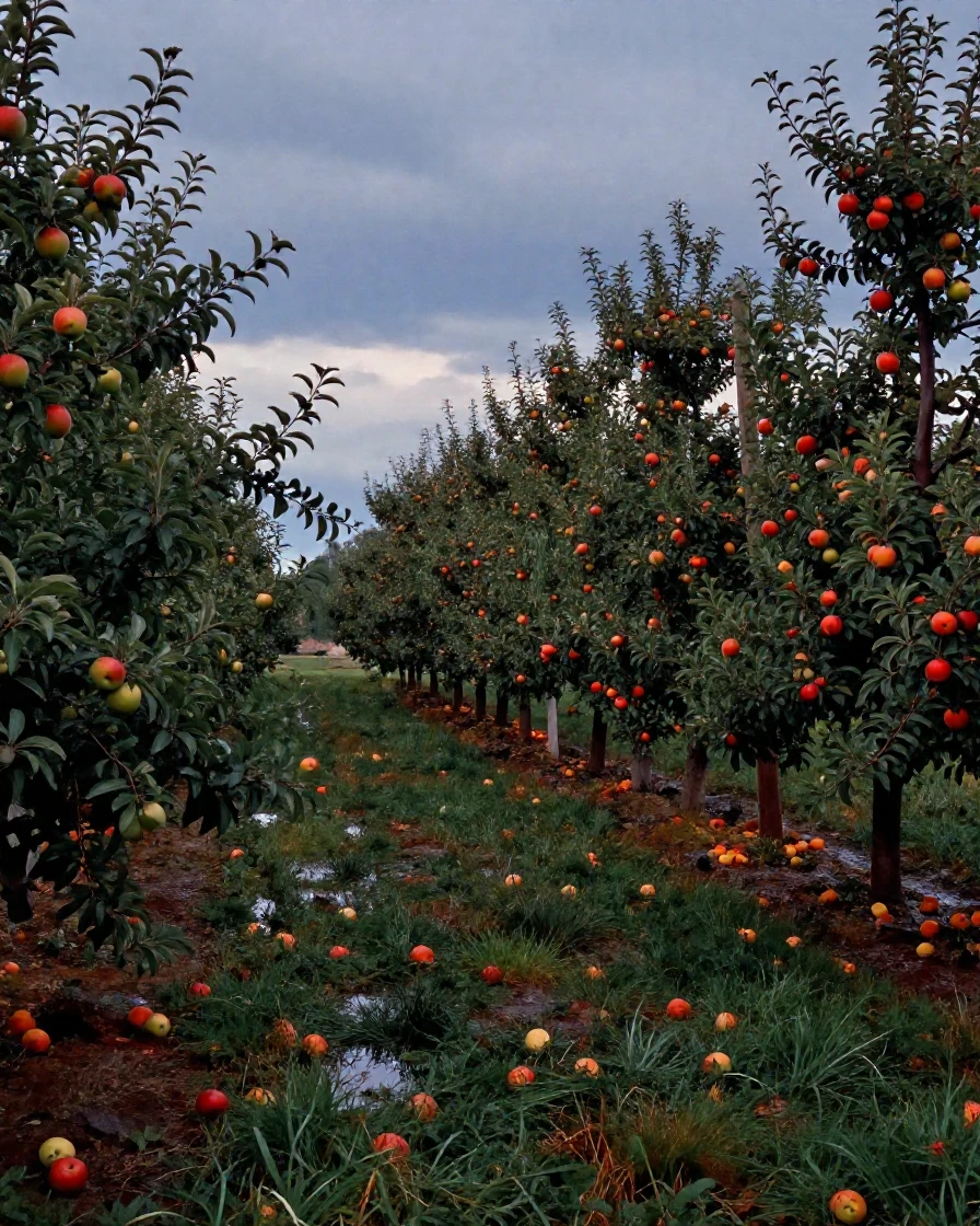 A country orchard heavy with ripening fruit under a wide sky, in cool blue twilight, just after a rain shower, with puddles reflecting the sky, as summer fades into fall, with deep emerald greens and browns, from a slightly elevated vantage point.