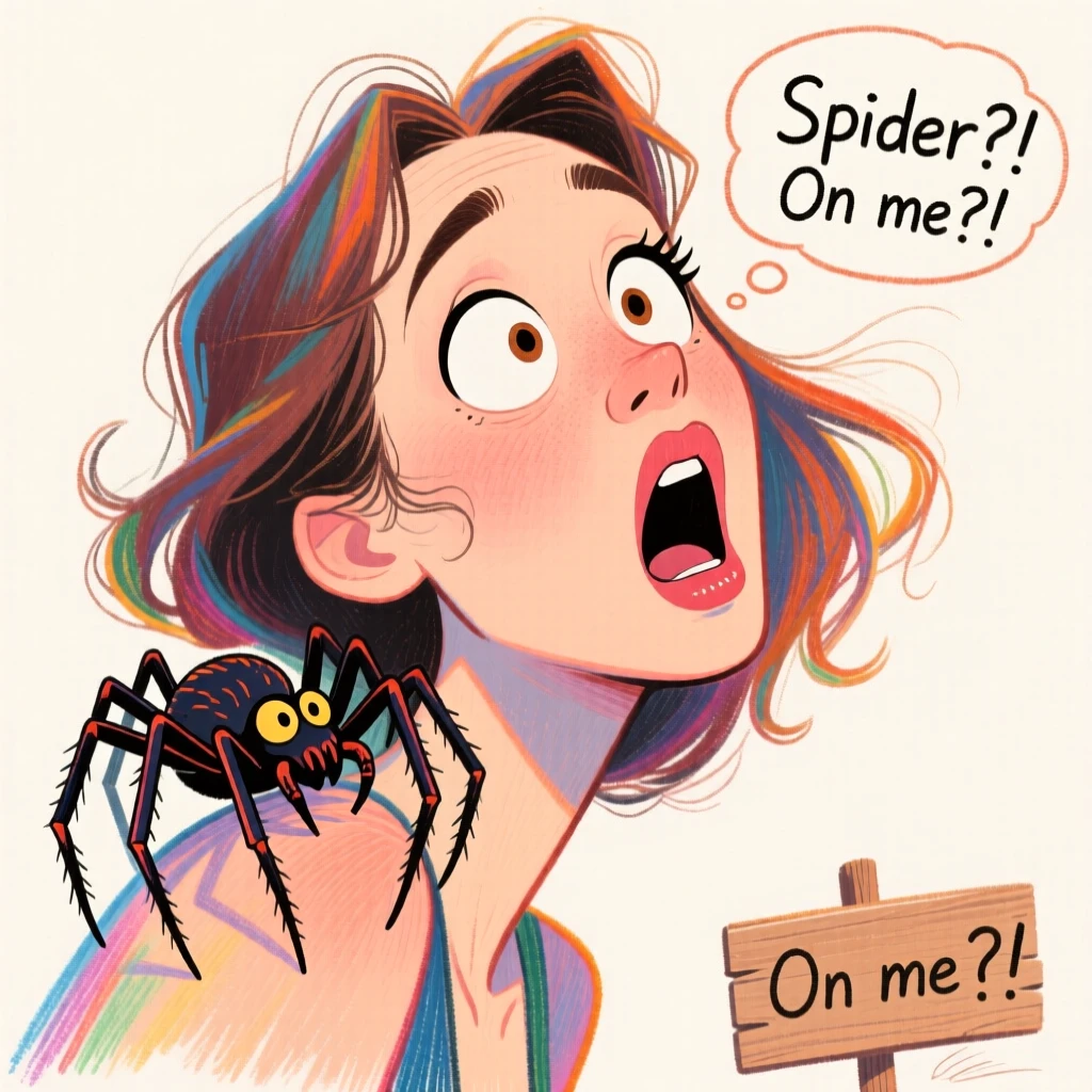 A woman doing an exaggerated double-take after spotting a spider on her shoulder.