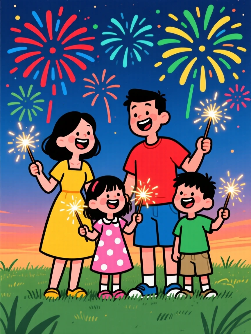 A festive celebration scene of a family lighting sparklers together on a summer evening, fireworks blooming in the sky behind them.