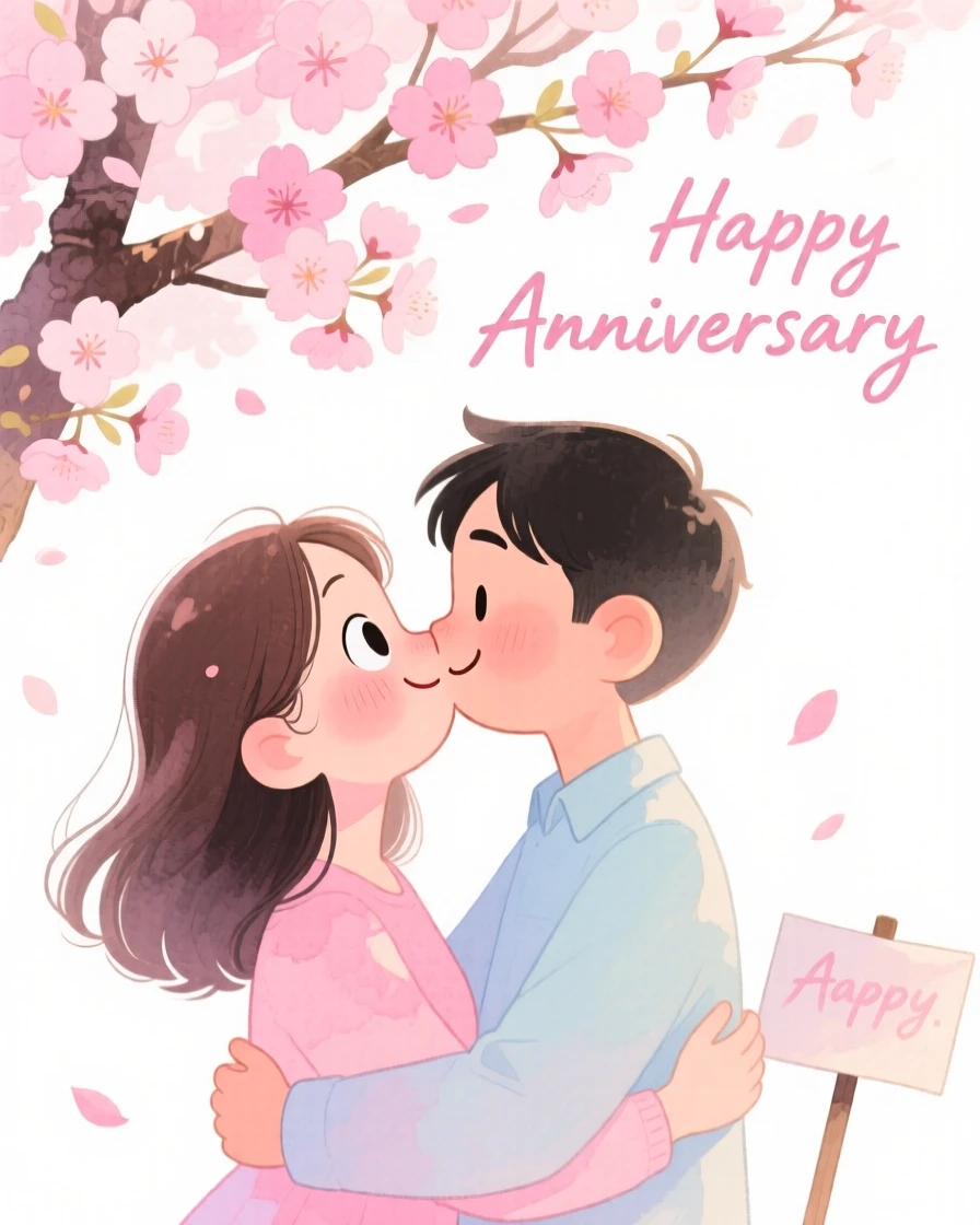 A couple celebrating their anniversary sharing a first kiss under a blooming cherry tree