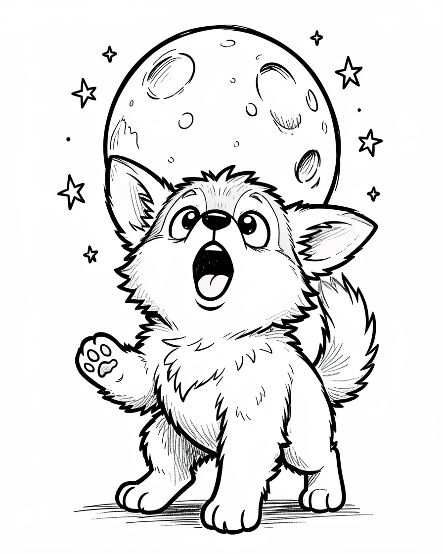 [Cute Animals & Pets] Adorable scene of a fluffy husky puppy howling at the moon for the first time, bursting with charm and playful energy
