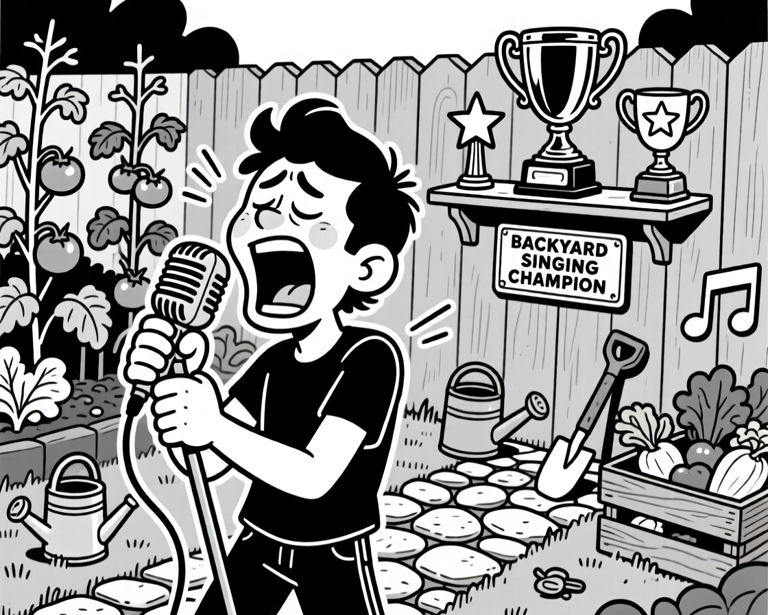 A karaoke singer belting a note with eyes squeezed shut, clutching the microphone with both hands, set in a backyard vegetable garden. A trophy shelf gleams in the background. It feels like the kind of memory friends laugh about for years.