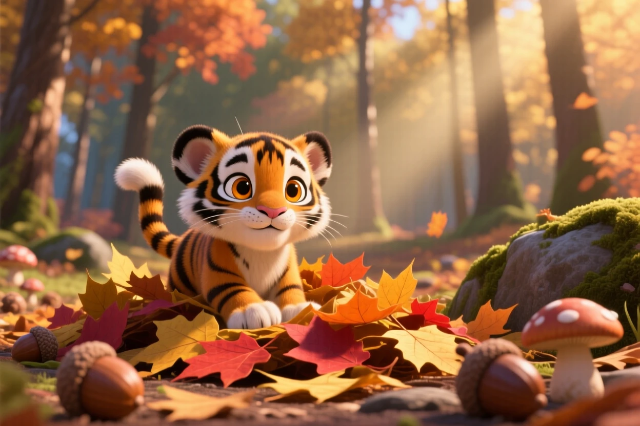 A stripy baby tiger cub is peeking out from a pile of autumn leaves, wagging its tail happily. The mood is soft, tender, and endearing, with its whiskers twitching gently.