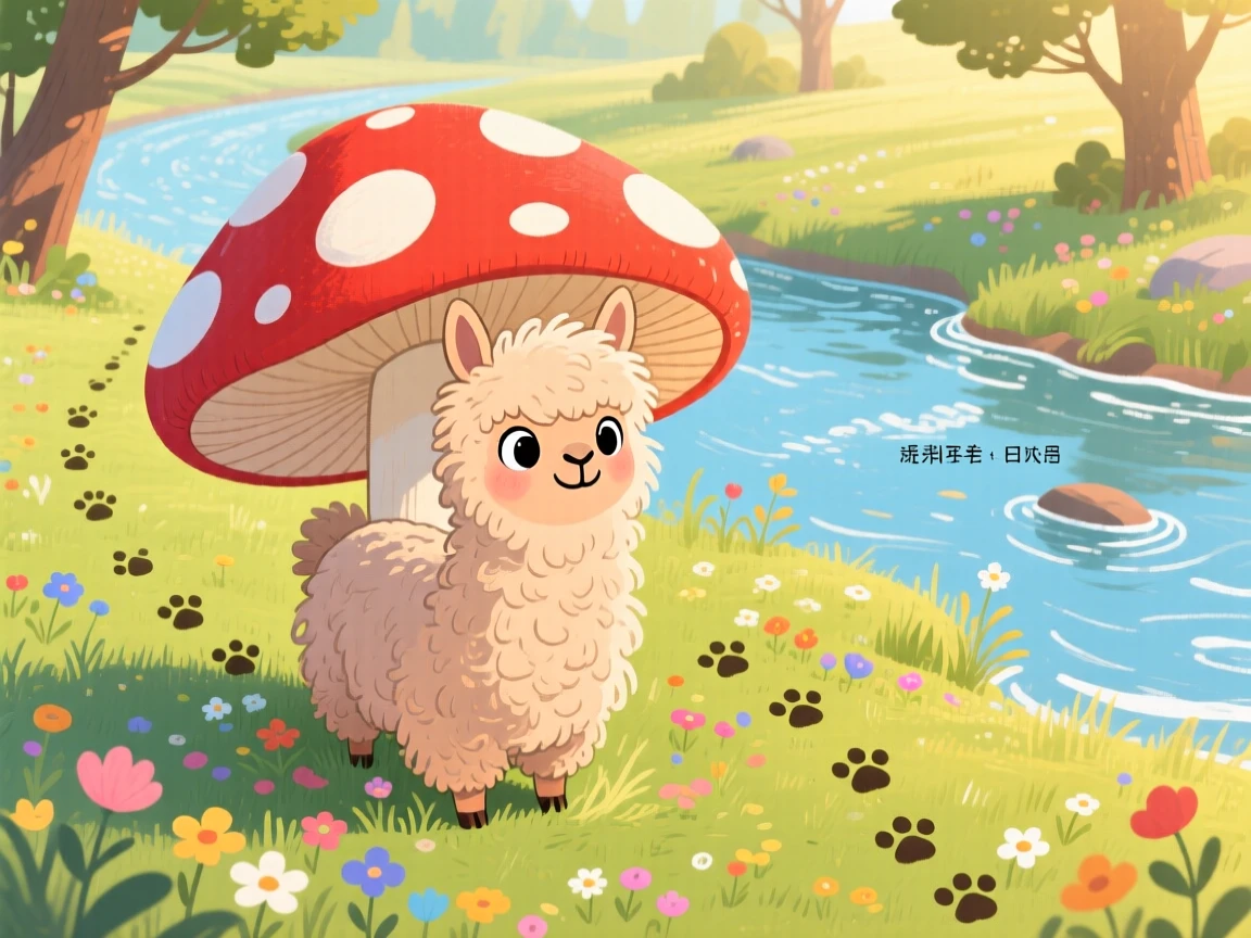 In a babbling riverbank, a shaggy alpaca spends the afternoon peeking out from behind a mushroom, with tiny paw prints trailing behind.