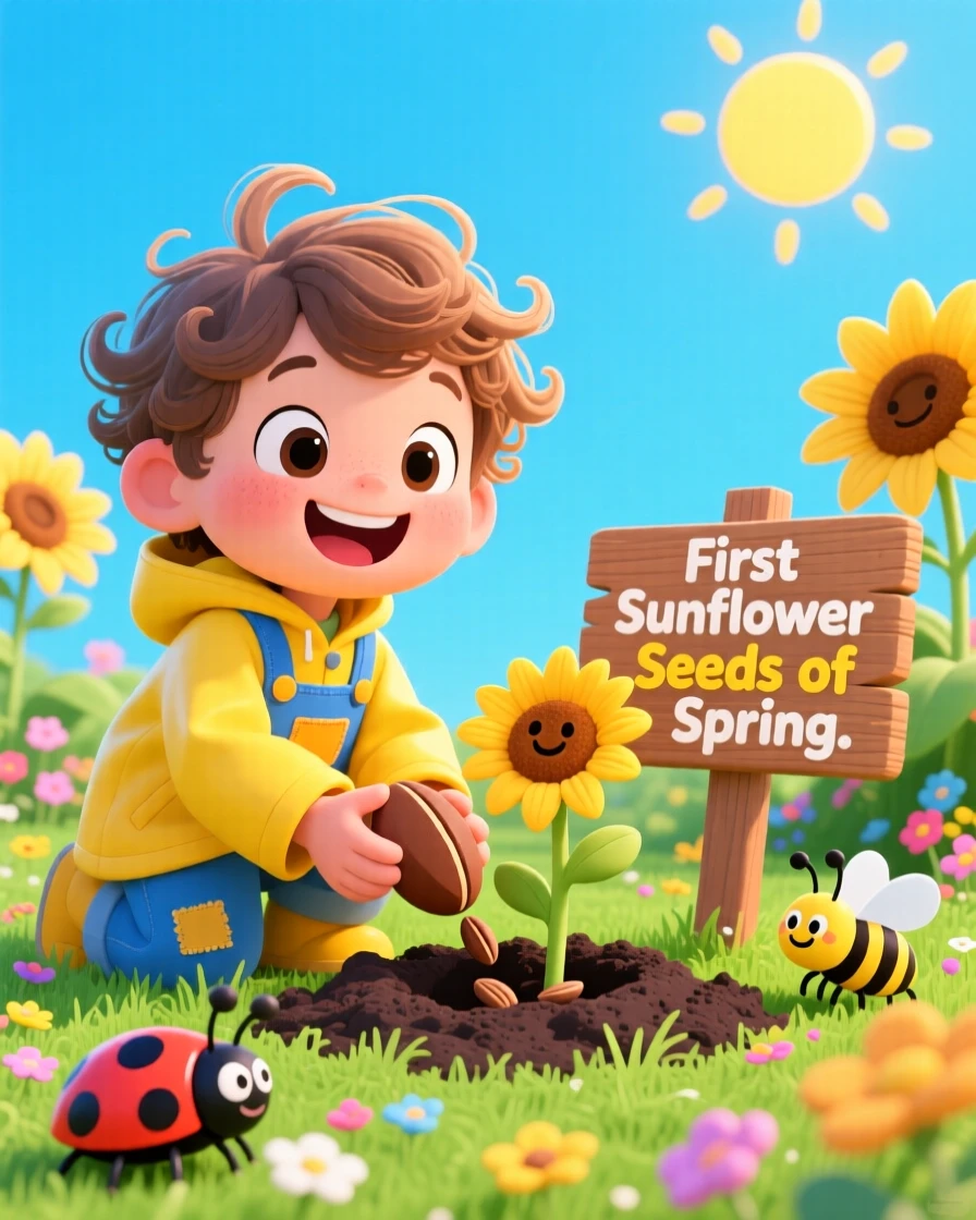 A child planting sunflower seeds on the first warm day of spring.