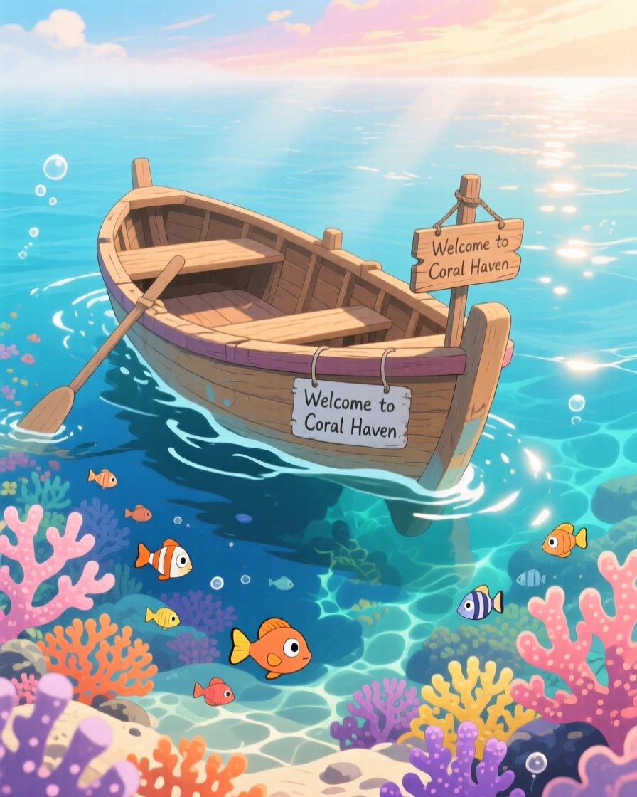 A stunning view of a coral reef glimpsed beneath crystal-clear water, viewed from a small boat bobbing on the water.