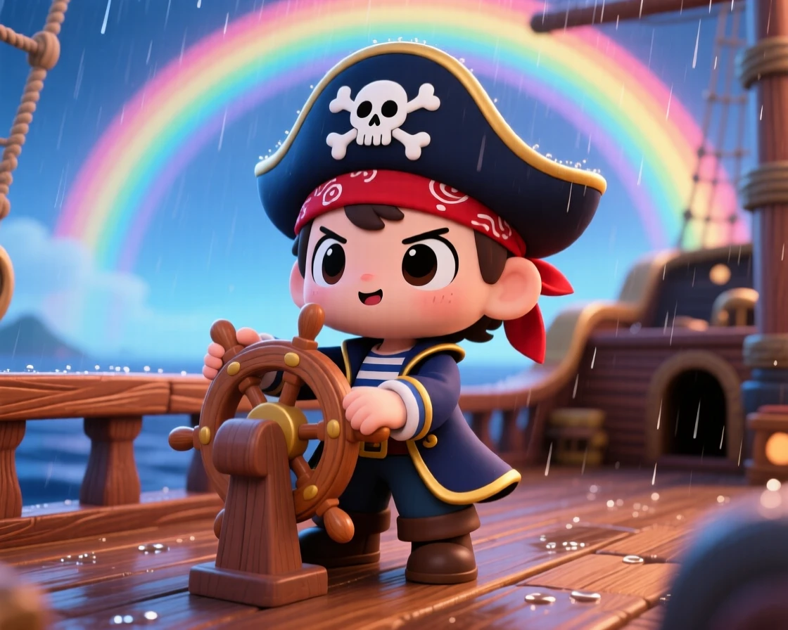 Over-the-shoulder view: a small pirate captain, steering a toy-sized ship's wheel with determination, set against the deck of a wooden pirate ship under a rainbow after the rain, with cool blue twilight glow and a mood of gentle surprise.