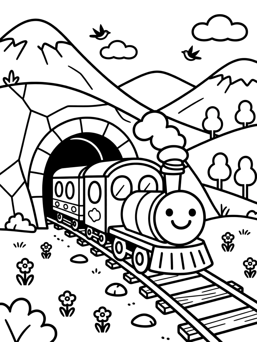 A friendly train chugging through a mountain tunnel