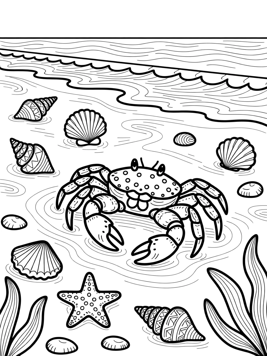 A crab scuttling across a beach littered with shells.