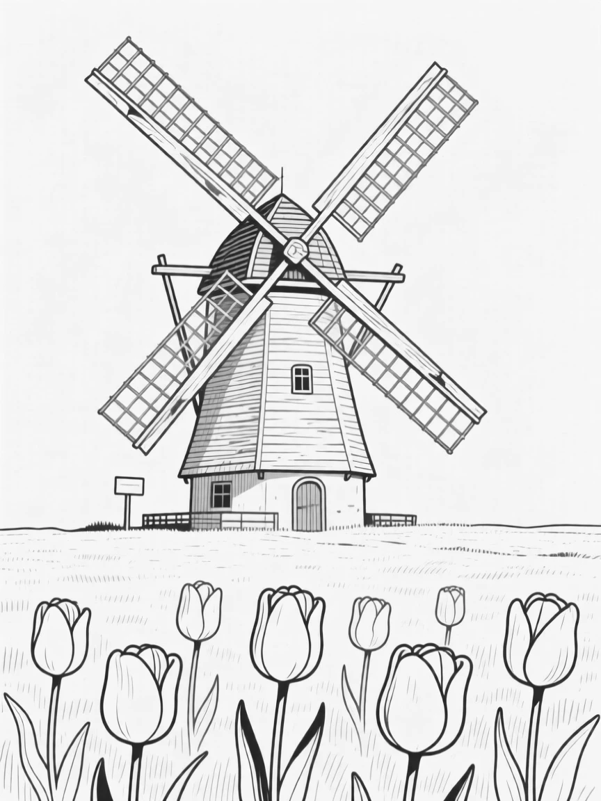 A single old windmill standing in a field of tulips