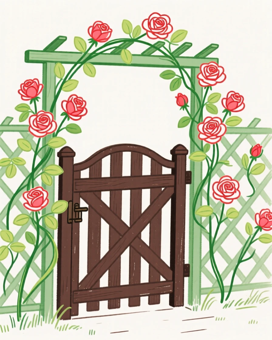A trellis of climbing roses along a garden gate.